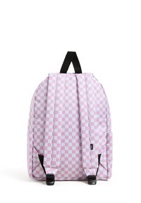 Zaino a scacchi rosa e bianco con spallacci neri, due tasche laterali, forma rettangolare e maniglia superiore per il trasporto.