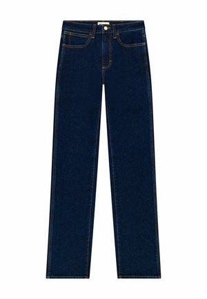 Dark blue denim jeans with a straight leg design, featuring contrast stitching, a front button closure, and five pockets.