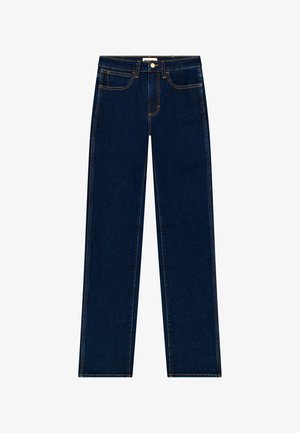 Donkerblauwe denim jeans met een rechte pijp ontwerp, voorzien van contrasterende stiksels, een sluiting met een knoop aan de voorkant en vijf zakken.