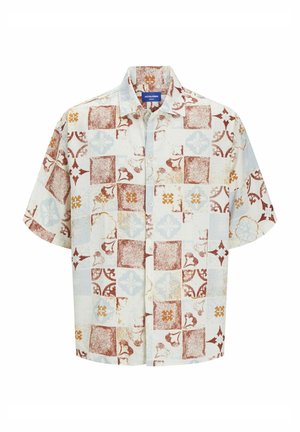 Rövid ujjú, világoskék és krémszínű gombos ing, foltvarrásos mintával, narancssárga, piros és barna virágmintákkal és kiegészítésekkel.