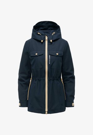 Marineblå hættejakke med beige lynlås, snore, klaplommer på brystet samt justerbar talje og manchetter.