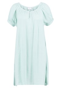 Robe courte vert menthe clair à manches courtes avec un col rond, épaules plissées, détail en trou de serrure à l'avant et fentes sur les côtés. Tissu lisse et léger.