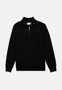 Zwart pullover sweatshirt met een hoge kraag, ritssluiting tot de helft, geribbelde mouwen en zoom. Gemaakt van zacht materiaal met een gladde textuur.