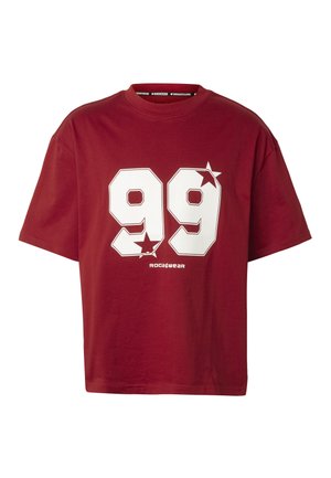 Maroon short-sleeve t-shirt with large white "99" and two stars printed on front, smaller "ROCAWEAR" text below numbers.