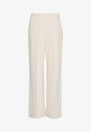 Brede, crèmekleurige broek van zachte stof. Heeft geplooide details en zijzakken. Rechte zoom aan de onderkant.