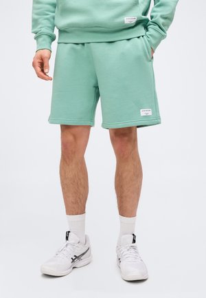 Mężczyzna w miętowo-zielonych krótkich spodenkach i bluzie, białych butach sportowych i skarpetkach, stojący na jednolitym jasnym tle.