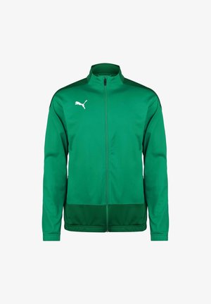 Veste de sport verte avec col haut, fermeture éclair intégrale, manches longues, accents contrastants de vert plus foncé et logo blanc sur la poitrine.