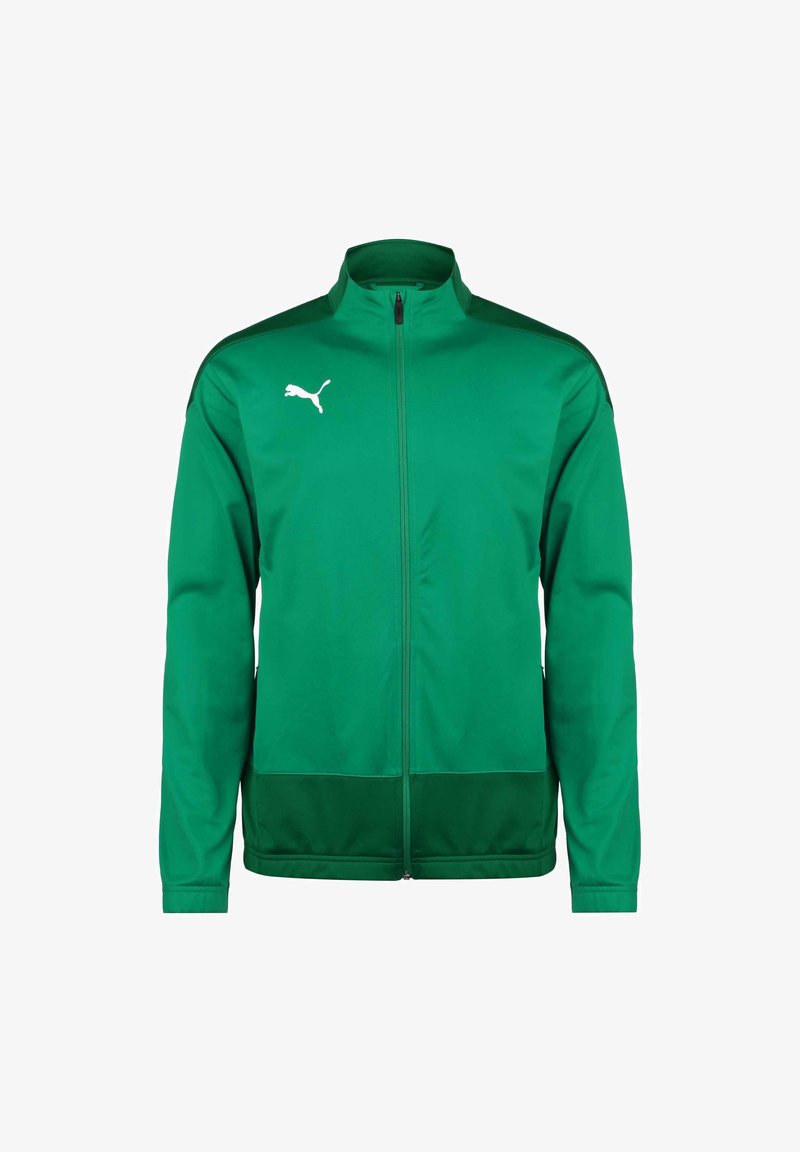 Veste de sport verte avec col haut, fermeture éclair intégrale, manches longues, accents contrastants de vert plus foncé et logo blanc sur la poitrine.