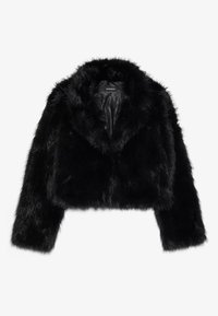 Zwarte nepbont cropped jacket met lange mouwen, zachte textuur en een ronde kraag. Beschikt over een gladde voering aan de binnenzijde en geen zichtbare hardware.