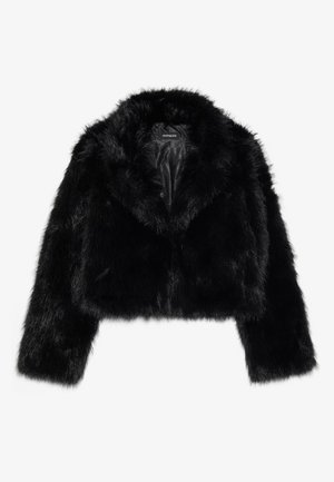 Black faux fur cropped jacket with long sleeves, soft texture, and a rounded collar. Features a smooth inner lining and no visible hardware.