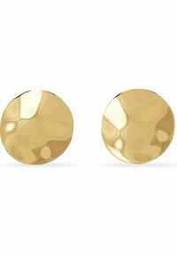 Guldmetalliska studsörhängen med en polerad, reflekterande yta och en slät rund form, med en minimalistisk och modern design.