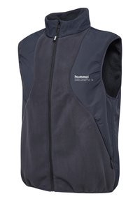 Marineblauer Fleece-Weste mit hohem Kragen, durchgehendem Reißverschluss und Fronttaschen. Verfügt über eine strukturierte Oberfläche und ein bedrucktes Branding auf der Brust.