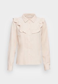 Hellrosa Langarmshirt mit knöpfbarem Verschluss, Kragen und Rüschendetails an der Vorderseite. Glatte Stoffstruktur.