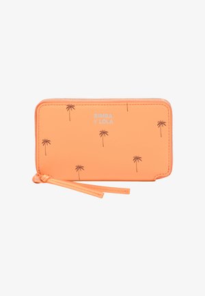 Oranje portemonnee met ritssluiting rondom, voorzien van kleine palmboomprints en het logo "BIMBA Y LOLA", met een polsbandje.