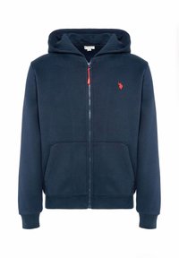 Felpa con cappuccio blu navy con zip, realizzata in tessuto morbido, con tasca a marsupio, polsini a costine e un piccolo logo rosso sul petto.