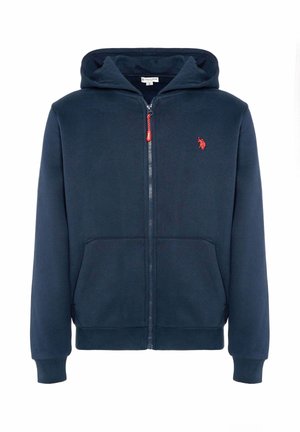 Felpa con cappuccio blu navy con zip, realizzata in tessuto morbido, con tasca a marsupio, polsini a costine e un piccolo logo rosso sul petto.