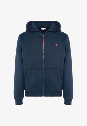 Felpa con cappuccio blu navy con zip, realizzata in tessuto morbido, con tasca a marsupio, polsini a costine e un piccolo logo rosso sul petto.