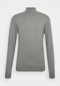Pilkas golfas, pagamintas iš minkštos medžiagos, su ilgais rankovėmis, raukšlėtu apykakle ir be siūlių dizainu, kad atrodytų elegantiškai.