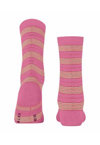 Rosa Socken mit horizontalen Streifen in Creme und Rot. Hergestellt aus einem weichen Material, mit strukturierten Details im Knöchel- und Zehenbereich.