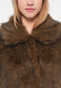 Brūna kažokāda ar lielu, mīkstu apkakli. Tekstūra ir pūkaina, ar tumšākiem svītrainiem visā materiālā, lai pievienotu detaļu.