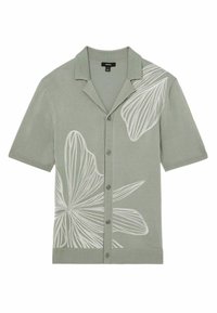 Cămașă cu mânecă scurtă în verde pastelat, cu broderie florală albă mare, cu închidere cu nasturi și guler, fabricată din material moale.
