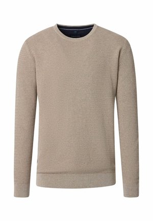 Pull en tricot texturé beige à col rond avec manches longues, bord-côtes aux poignets et à l'ourlet, présenté sur un fond blanc.
