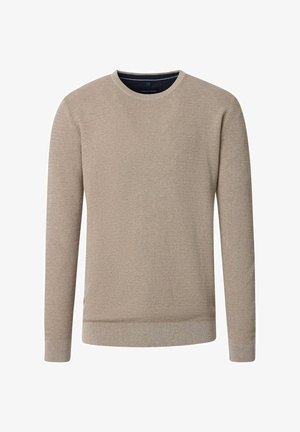 Pull en tricot texturé beige à col rond avec manches longues, bord-côtes aux poignets et à l'ourlet, présenté sur un fond blanc.