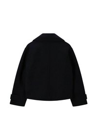 Manteau en mélange de laine noir avec un col cranté, des manches longues et des poignets larges. Présente un design simple et ajusté avec une coupe droite.