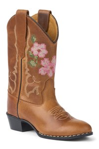 Brun læder cowboystøvle med pink broderede blomster, syede dekorative mønstre og en sort lav hæl.