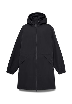 Svart vattentät lång jacka med huva, dragkedjestängning, elastiska muddar och sidofickor. Har en minimalistisk design och en mjuk textur.