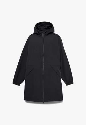 Svart vattentät lång jacka med huva, dragkedjestängning, elastiska muddar och sidofickor. Har en minimalistisk design och en mjuk textur.
