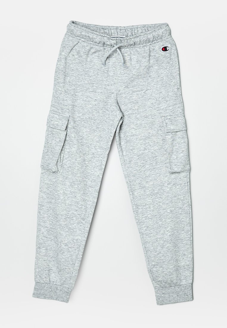Pantaloni cargo grigio chiaro realizzati in un tessuto morbido, con vita elastica, cordoncino e due tasche laterali cargo.