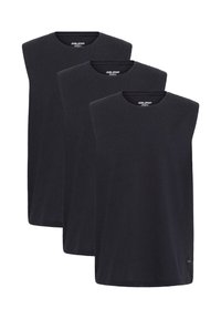 Trois t-shirts noirs sans manches à col rond, disposés en formation décalée, vue de face avec un logo de marque subtil à l'intérieur du col.