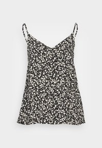 Top smanicato nero con scollatura a V, caratterizzato da un motivo floreale bianco, tessuto leggero e una silhouette svasata.