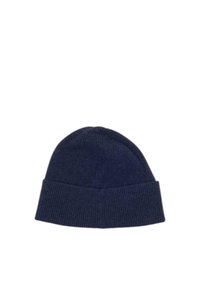 Berretto di maglia blu navy con una texture a costine e risvolto, caratterizzato da una forma arrotondata e un tessuto morbido ed elastico.
