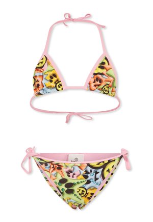 To-delt bikini med farverige, multikolor grafiske mønstre med kranier og smilende ansigtter. Justerbare pink bånd ved hals og sider.