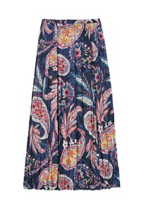 Fustă midi florală cu bază bleumarin, modele colorate paisley și florale, talie elastică și design plisat. Textură moale a materialului.