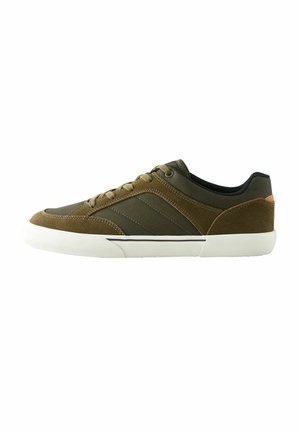 Low-top sneaker in olive green with brown suede accents, white rubber sole, and lace-up closure on a white background.