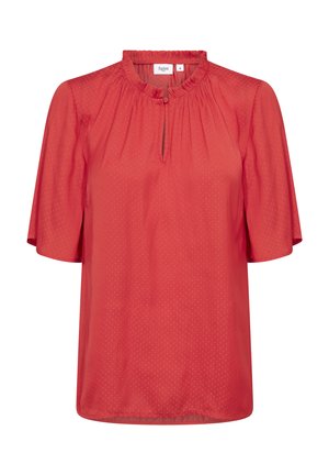 Red, short-sleeve blouse with a gathered neckline, subtle polka dot pattern, and a keyhole opening at the front. Silk-like texture.