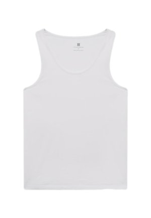 Biele tielko bez rukávov s okrúhlym výstrihom, text na štítku vnútri goliera znie "LOUNGEWEAR" a veľkosť "M".
