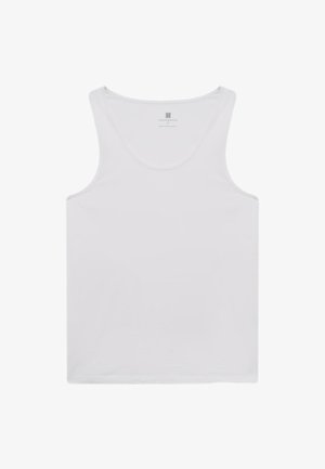 Hvid ærmeløs tanktop med rund halsudskæring, labeltekst inde i kraven med teksten "LOUNGEWEAR" og størrelse "M".