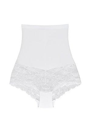 Højtsiddende hvidt shapewear med en glat overflade og blomsterlæs på kanten. Stoffet er blødt, med et sømløst design og uden synlige sømme.