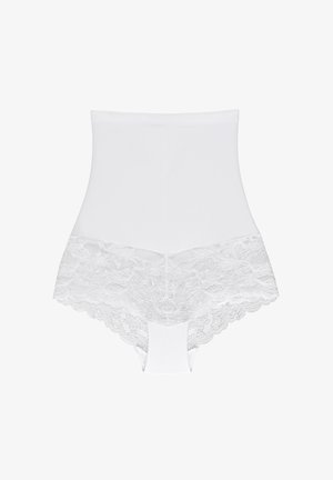 Højtsiddende hvidt shapewear med en glat overflade og blomsterlæs på kanten. Stoffet er blødt, med et sømløst design og uden synlige sømme.