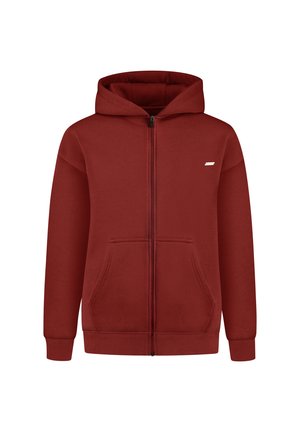 Sudadera roja con cremallera hecha de una tela suave, con un bolsillo frontal, capucha con cordón y un pequeño logo blanco en el área del pecho izquierdo.