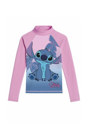 Children’s long-sleeve pink rash guard with a large blue Stitch character sitting in front of palm leaves and "Stitch" text on the bottom right.