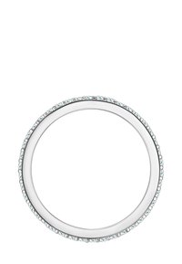 Sudraba aproce ar gludu virsmas apdari, kas piedāvā gaismas zilās kristālu rindas gar ārējo malu, apaļa forma un pulēta tekstūra.