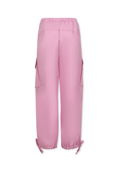 Roze, lichtgewicht cargobroek met een elastische tailleband, zijzakken en verstelbare strikjes bij de enkels. Soepele textuur en een relaxte pasvorm.