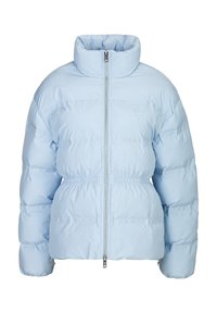 Lichtblauwe gewatteerde jas met een hoge kraag, elastische taille, rits aan de voorkant en reliëfstructuur. Heeft brede, gewatteerde mouwen.