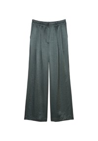 Pantalons larges en tissu léger vert foncé avec un éclat subtil. Présentent des plis, une fermeture à bouton et une texture lisse.