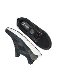 Black and gray athletic shoes featuring a mesh upper, contrasting orange accents, padded collar, and a lightweight white sole.